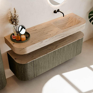 MONDIAZ THOR-DLUX 150cm meuble de salle de bains arrondi gauche + droite couleur Shadow avec 1 tiroir et 2 portes. Vasque suspendue CLOUD Droite sans trou de robinet couleur Arena.