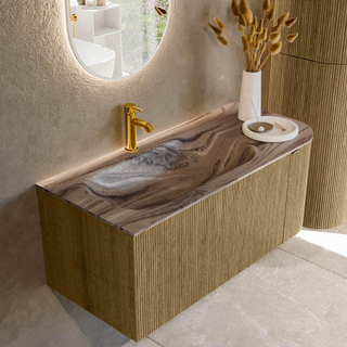 MONDIAZ KURVE-DLUX 105cm badmeubel ronding Rechts kleur Dusk met 1 lade en 1 deur. Wastafel BIG SMALL Links 1 kraangat Sombra.