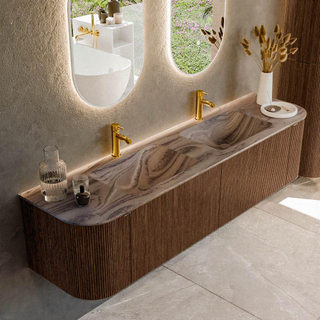 MONDIAZ KURVE-DLUX 180cm badmeubel ronding Links + Rechts kleur Walnut met 2 lades en 2 deuren. Wastafel LEAF Dubbel 2 kraangaten Sombra.