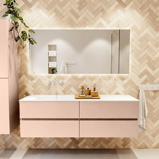 Mondiaz Vica ensemble de meuble de salle de bain - 160cm - meuble sous lavabo rosee - 4 tiroirs - lavabo cloud gauche - sans trous de robinet - version haute de 60cm - talc