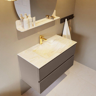 Mondiaz VICA-DLUX Ensemble de meuble de salle de bain - 90cm - meuble sous-vasque fumée - 2 tiroirs - lavabo encastré nuage milieu - 1 trou de robinet - version haute 60cm - ostra