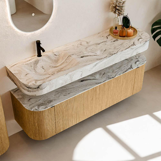 MONDIAZ THOR-DLUX 160cm meuble de salle de bains arrondi gauche + droite couleur Oak avec 1 tiroir et 2 portes. Vasque suspendue CLOUD Gauche 1 trou de robinet couleur Glace.