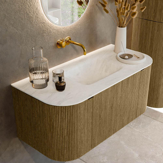 Ensemble de meuble de salle de bain Mondiaz KURVE-DLUX - 100x46x40cm - 1 tiroir - 2 portes - lavabo en solid surface - milieu - sans trou de robinet - Dusk