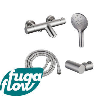 FugaFlow Eccelente Sobrado Badkamer Thermostatische badkraan met ronde handdouche, handdouchehouder en metalen doucheslang geborsteld RVS PVD