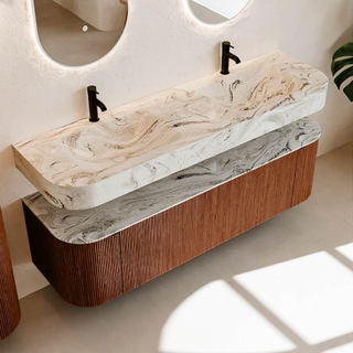 MONDIAZ THOR-DLUX 160cm meuble de salle de bains arrondi gauche + droite couleur Ruby avec 1 tiroir et 2 portes. Vasque suspendue CLOUD Double 2 trous de robinet couleur Glace.