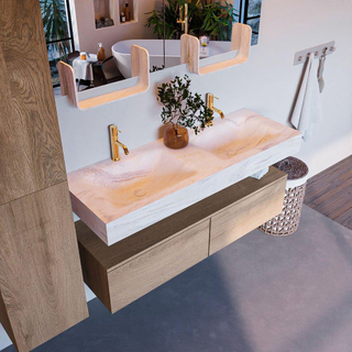 Mondiaz ALAN-DLUX Ensemble de meuble - 130cm - meuble Washed Oak mat - 2 tiroirs - Lavabo Cloud Ostra suspendu - vasque Gauche et droite - 2 trous de robinet