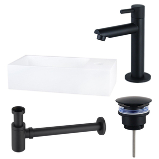 FortiFura Fuente Pack Lave-mains - 36x18.5x9cm - 1 trou de robinet - solid surface - robinet Noir mat - Blanc