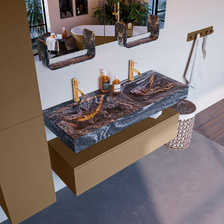 Mondiaz ALAN-DLUX Ensemble de meuble - 120cm - meuble Oro mat - 1 tiroir - Lavabo Cloud Lava suspendu - vasque Gauche et droite - 2 trous de robinet