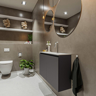 MONDIAZ TURE Kit lave-mains - 80x23x50cm - 1 trou de robinet - 2 portes - gris foncé mat - Lavabo centré - Acrylique Blanc