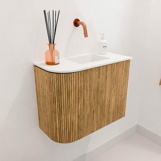 Mondiaz JOYA 51.6cm toiletmeubel - ronding links kleur Oak - Wastafel FAYE positie Rechts Zonder kraangat kleur Talc.