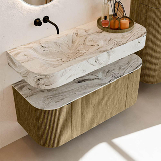 MONDIAZ THOR-DLUX Meuble de salle de bains - 110cm - arrondi gauche + droite - couleur Dusk - 1 tiroir - 2 portes - Vasque suspendue CLOUD Gauche sans trou de robinet - couleur Glace