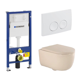 QeramiQ Dely Swirl Toiletset - 36.5x53cm - Geberit UP100 inbouwreservoir - slim zitting - witte bedieningsplaat - ronde knoppen - beige