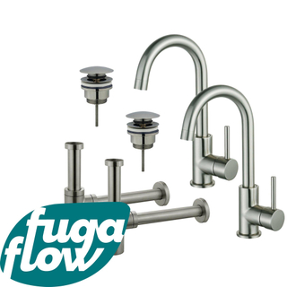 FugaFlow Eccelente Sobrado Badkamer Wastafelkraanset - voor dubbele wastafel - hoge wastafelkraan - draaibare uitloop - klikwaste plug - design sifon - PVD Geborsteld RVS