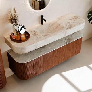 MONDIAZ THOR-DLUX 150cm meuble de salle de bains arrondi gauche + droite couleur Ruby avec 1 tiroir et 2 portes. Vasque suspendue CLOUD Milieu 1 trou de robinet couleur Frappe.