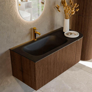 MONDIAZ KURVE 105cm Meuble salle de bain avec module 25 D - couleur Walnut - 1 tiroir - 1 porte - vasque BIG SMALL gauche - 1 trou de robinet - Urban