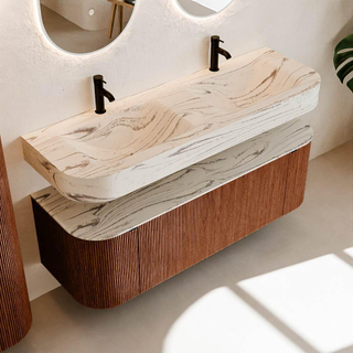 MONDIAZ THOR-DLUX 140cm meuble de salle de bains arrondi gauche + droite couleur Ruby avec 1 tiroir et 2 portes. Vasque suspendue CLOUD Double 2 trous de robinet couleur Nata.