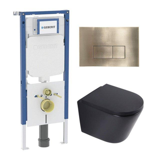 QeramiQ Dely Toiletset - 36.3x51.7cm - diepspoel - rimless - Geberit UP720 inbouwreservoir - softclose toilet zitting 35 mm - geborsteld messing bedieningsplaat - rechthoekige knoppen - mat zwart