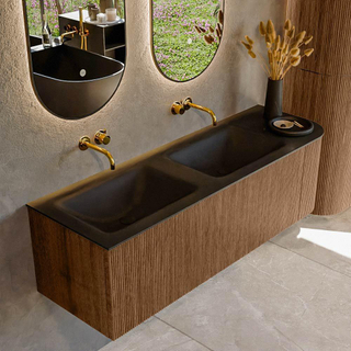 MONDIAZ KURVE 145cm Meuble salle de bain avec module 25 D - couleur Walnut - 1 tiroir - 1 porte - vasque CLOUD double / gauche - sans trous de robinet - Urban