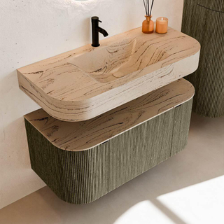 MONDIAZ THOR-DLUX Meuble de salle de bains - 100cm - arrondi gauche + droite - couleur Shadow - 1 tiroir - 2 portes - Vasque suspendue CLOUD Milieu 1 trou de robinet couleur Arena