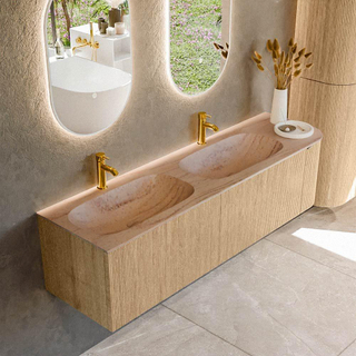 MONDIAZ KURVE-DLUX 165cm badmeubel ronding Rechts kleur Oak met 2 lades en 1 deur. Wastafel STOR SMALL Dubbel / Links 2 kraangaten Saba.