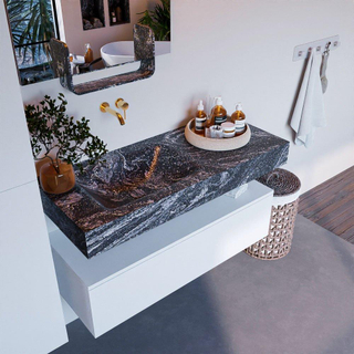 Mondiaz ALAN-DLUX Ensemble de meuble - 110cm - meuble Talc mat - 1 tiroir - Lavabo Cloud Lava suspendu - vasque Gauche - 0 trous de robinet