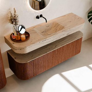 MONDIAZ THOR-DLUX 150cm meuble de salle de bains arrondi gauche + droite couleur Ruby avec 1 tiroir et 2 portes. Vasque suspendue CLOUD Milieu sans trou de robinet couleur Arena.