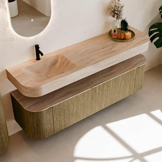 MONDIAZ THOR-DLUX 170cm meuble de salle de bains arrondi gauche + droite couleur Dusk avec 1 tiroir et 2 portes. Vasque suspendue CLOUD gauche 1 trou de robinet couleur Saba.