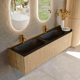 MONDIAZ KURVE 165cm Meuble salle de bain avec module 25 D - couleur Oak - 2 tiroirs - 1 porte - vasque BIG SMALL double / gauche - 2 trous de robinet - Urban