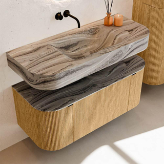 MONDIAZ THOR-DLUX 110cm badmeubel ronding links + rechts kleur Oak met 1 lade en 2 deuren. Vrijhangende wastafel CLOUD Midden zonder kraangat kleur Sombra.