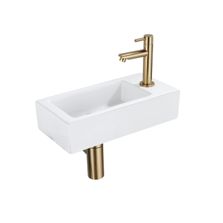 QeramiQ Fuente Fonteinset - 37.5x18.5x9cm - keramiek - kraangat rechts - fonteinkraan geborsteld messing - afvoerplug - verlaagd sifon - Mat wit
