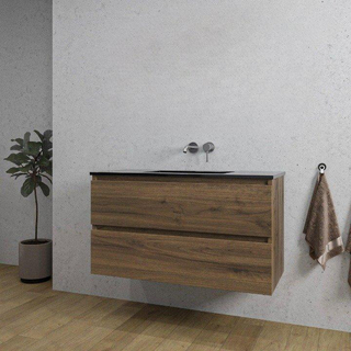 Adema Chaci Ensemble de meuble 101x46x57cm avec 2 tiroirs sans poignée vasque en céramique noire sans trou de robinet Noix