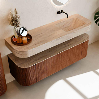 MONDIAZ THOR-DLUX 150cm meuble de salle de bains arrondi gauche + droite couleur Ruby avec 1 tiroir et 2 portes. Vasque suspendue CLOUD Droite sans trou de robinet couleur Saba.