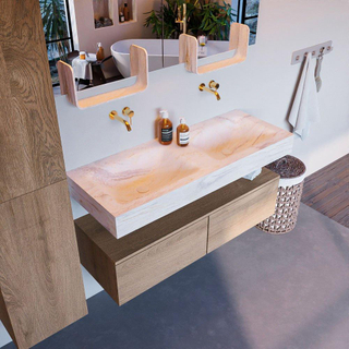 Mondiaz ALAN-DLUX Ensemble de meuble - 120cm - meuble Washed Oak mat - 2 tiroirs - Lavabo Cloud Ostra suspendu - vasque Gauche et droite - 0 trous de robinet