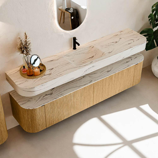 MONDIAZ THOR-DLUX 200cm badmeubel ronding links + rechts kleur Oak met 2 lades en 2 deuren. Vrijhangende wastafel CLOUD Midden 1 kraangat kleur Nata.