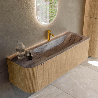 MONDIAZ KURVE-DLUX 135cm badmeubel ronding Links kleur Oak met 1 lade en 1 deur. Wastafel BIG MEDIUM Rechts 1 kraangat Oza.