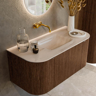 MONDIAZ KURVE-DLUX 100cm badmeubel ronding Links + Rechts kleur Walnut met 1 lade en 2 deuren. Wastafel GRUNNE Midden zonder kraangat Meli.
