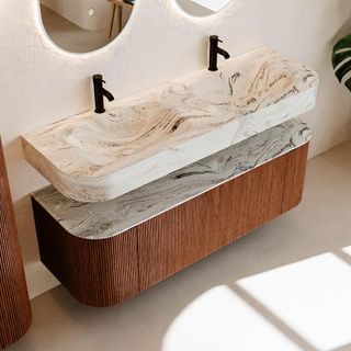 MONDIAZ THOR-DLUX 140cm meuble de salle de bains arrondi gauche + droite couleur Ruby avec 1 tiroir et 2 portes. Vasque suspendue CLOUD Double 2 trous de robinet couleur Glace.