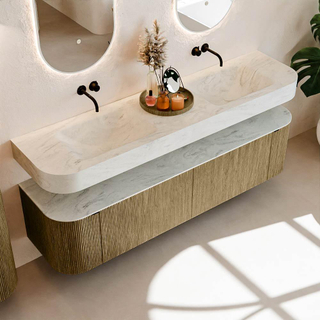 MONDIAZ THOR-DLUX Meuble de salle de bains - 180cm - arrondi gauche + droite - couleur Dusk - 2 tiroirs - 2 portes - Vasque suspendue CLOUD Double sans trou de robinet - couleur Opalo