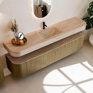 MONDIAZ THOR-DLUX 200cm meuble de salle de bains arrondi gauche + droite couleur Dusk avec 2 tiroirs et 2 portes. Vasque suspendue CLOUD Milieu 1 trou de robinet couleur Saba.