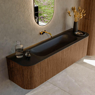 MONDIAZ KURVE 160cm Meuble salle de bain avec module 25 G et D - couleur Walnut - 1 tiroir - 2 portes - vasque BIG MEDIUM centre - sans trous de robinet - Urban