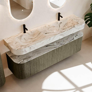 MONDIAZ THOR-DLUX 170cm meuble de salle de bains arrondi gauche + droite couleur Shadow avec 1 tiroir et 2 portes. Vasque suspendue CLOUD Double 2 trous de robinet couleur Glace.