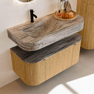 MONDIAZ THOR-DLUX 100cm badmeubel ronding links + rechts kleur Oak met 1 lade en 2 deuren. Vrijhangende wastafel CLOUD Links 1 kraangat kleur Oza.