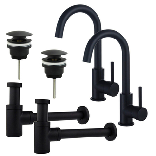 FortiFura Calvi Kit robinet lavabo - pour double vasque - robinet haut - bec rotatif - bonde clic clac - siphon design bas - Noir mat