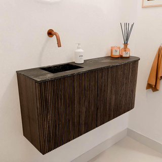 Mondiaz JOYA-DLUX 91.6cm toiletmeubel - ronding rechts kleur Walnut - Wastafel FAYE positie Links Zonder kraangat kleur Lava.