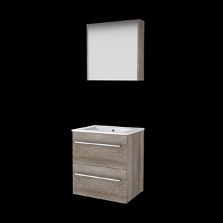 Basic-Line Comfort 46 ensemble de meubles de salle de bain 60x46cm avec poignées 2 tiroirs lavabo en porcelaine 1 trou pour robinet armoire de toilette mfc scotch oak