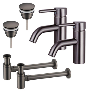 FortiFura Calvi Kit robinet lavabo - pour double vasque - robinet bas - bonde clic clac - siphon design bas - Gunmetal PVD