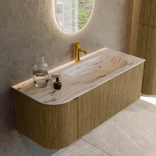 MONDIAZ KURVE-DLUX 115cm badmeubel ronding Links kleur Dusk met 1 lade en 1 deur. Wastafel BIG SMALL Rechts 1 kraangat Nata.