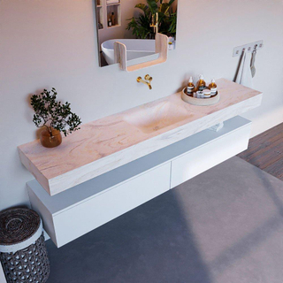 Mondiaz ALAN-DLUX Ensemble de meuble - 200cm - meuble Talc mat - 2 tiroirs - Lavabo Cloud Ostra suspendu - vasque Centre - 0 trous de robinet