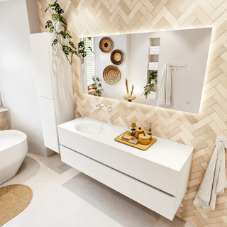 MONDIAZ VICA meuble sous lavabo 150cm Talc 2 tiroirs. Lavabo MOON gauche sans trou de robinet, couleur Talc.
