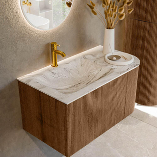 MONDIAZ KURVE-DLUX 85cm Meuble salle de bain avec module 25 D - couleur Walnut - 1 tiroir - 1 porte - vasque CLOUD gauche - 1 trou de robinet - couleur Glace